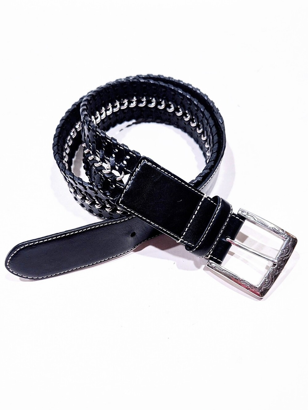 Brighton Black Leather Belt Womens XL 36 Whip Stitch Center Chain Western Buckle
